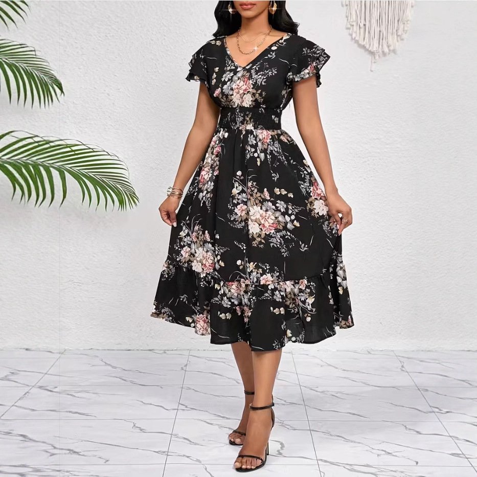 Spring Summer Ruffled-Edge Short-Sleeve Printed Dress With Elastic Waist – Image 5