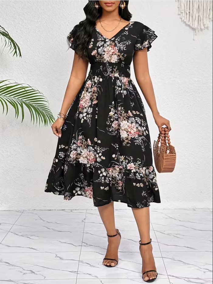 Spring Summer Ruffled-Edge Short-Sleeve Printed Dress With Elastic Waist – Image 6