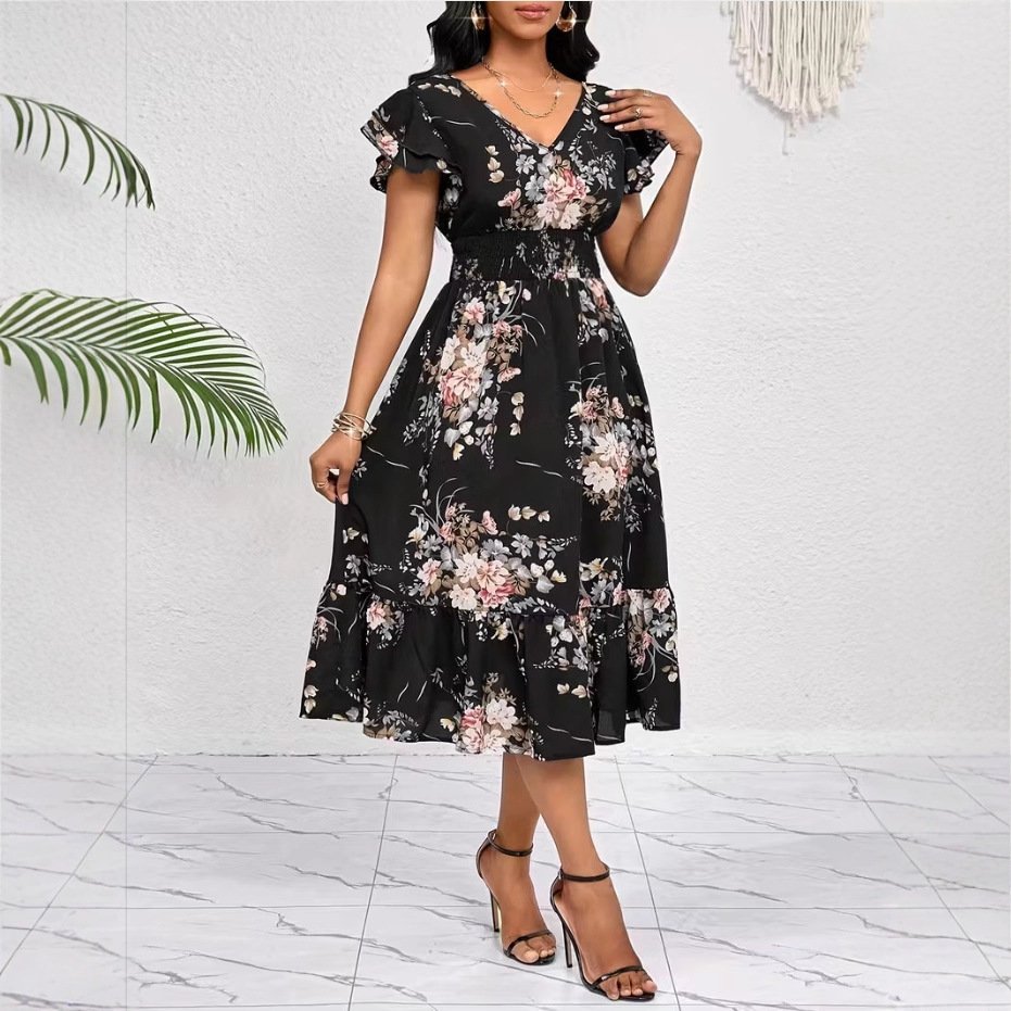 Spring Summer Ruffled-Edge Short-Sleeve Printed Dress With Elastic Waist – Image 2