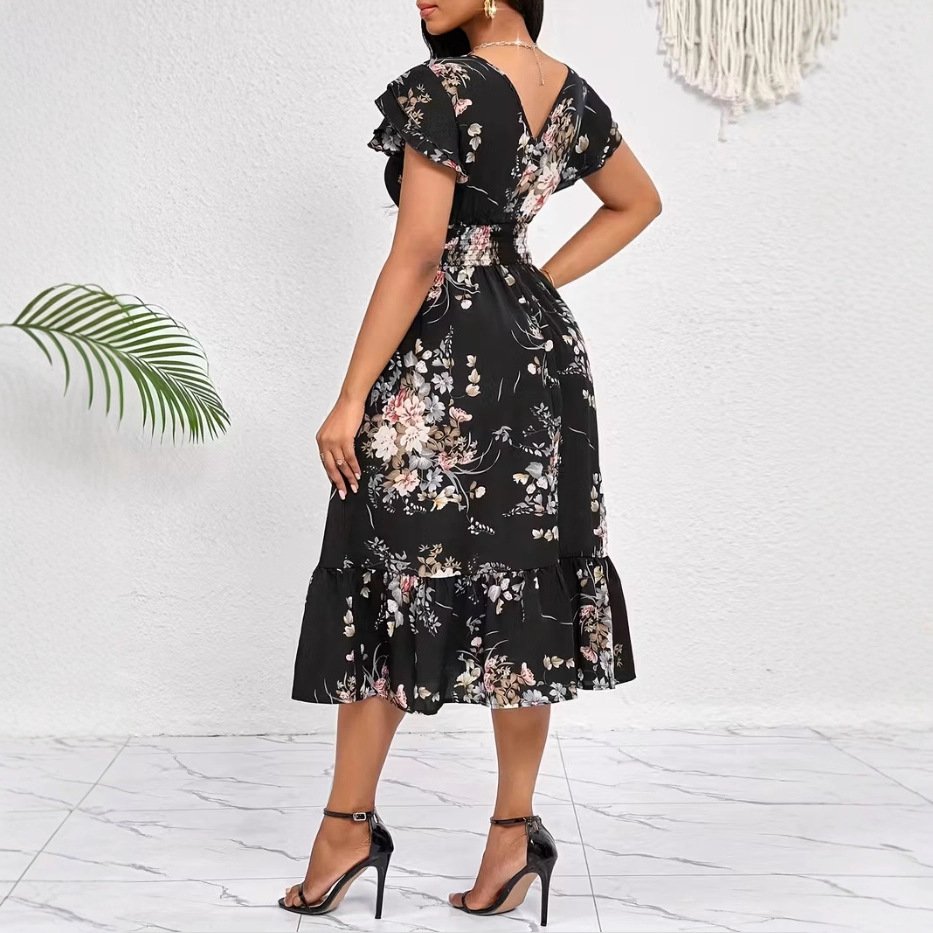 Spring Summer Ruffled-Edge Short-Sleeve Printed Dress With Elastic Waist – Image 3