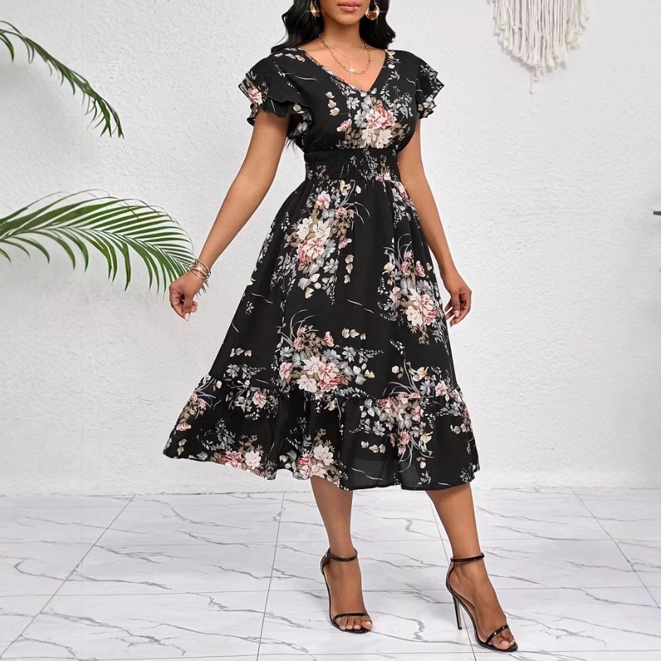 Spring Summer Ruffled-Edge Short-Sleeve Printed Dress With Elastic Waist – Image 4